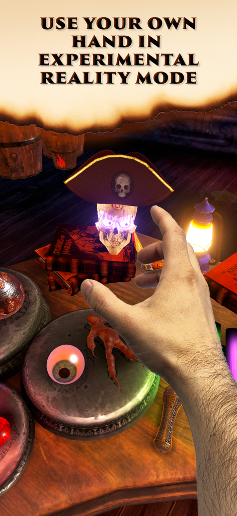 Waltz of the Wizard - 마법사 탑에서 해적 모자를 쓴 빛나는 해골과 상호작용하는 손의 1인칭 시점.