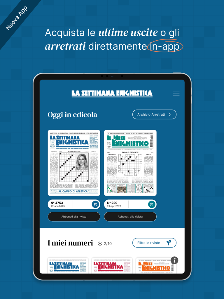 Schermata dell'iPad che mostra l'edicola digitale de La Settimana Enigmistica per acquistare le ultime uscite e arretrati.