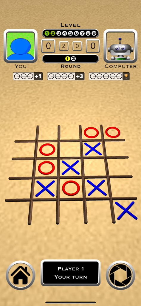 Tic Tac Toe 3D Gameplay-Bildschirm, der ein 4x4-Gitter mit roten Kreisen und blauen Kreuzen auf sandfarbenem Hintergrund zeigt.