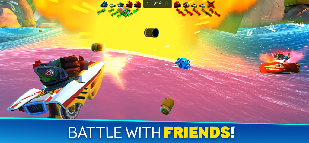 Battle Bay - Naval battle gameplay in Battle Bay featuring ships and explosions with the text Battle with Friends