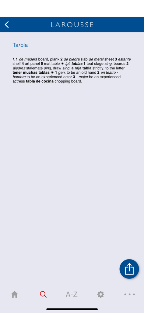 Entrada de diccionario de español a inglés para la palabra tabla en la aplicación Larousse.