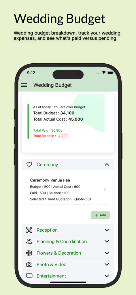 Interfaccia di un'app mobile che mostra un riepilogo del budget del matrimonio con spese totali e ripartizioni per categorie
