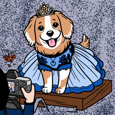 dog wearing a disney princess outfit, while getting a photoshoot