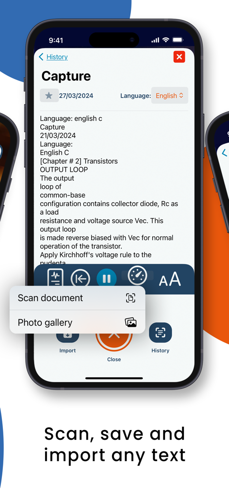 LUP: Reader, text to speech - A screenshot of the LUP app showing a captured document and options to scan or import text.