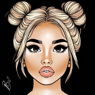 realistic girl with two buns on her hair and lips