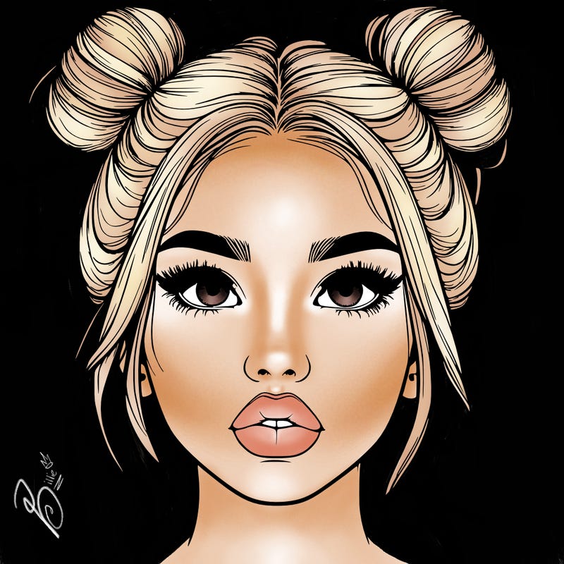 realistic girl with two buns on her hair and lips