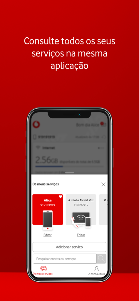Pantalla de smartphone que muestra la interfaz de la aplicación My Vodafone Portugal para gestionar múltiples servicios móviles e internet en casa.
