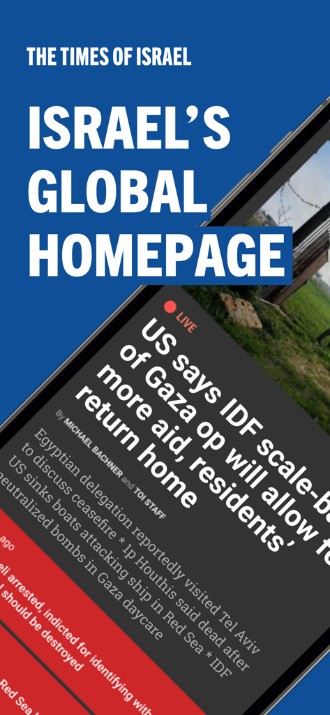 Screenshot of The Times of Israel mobile app showing a live breaking news headline on its global homepage.