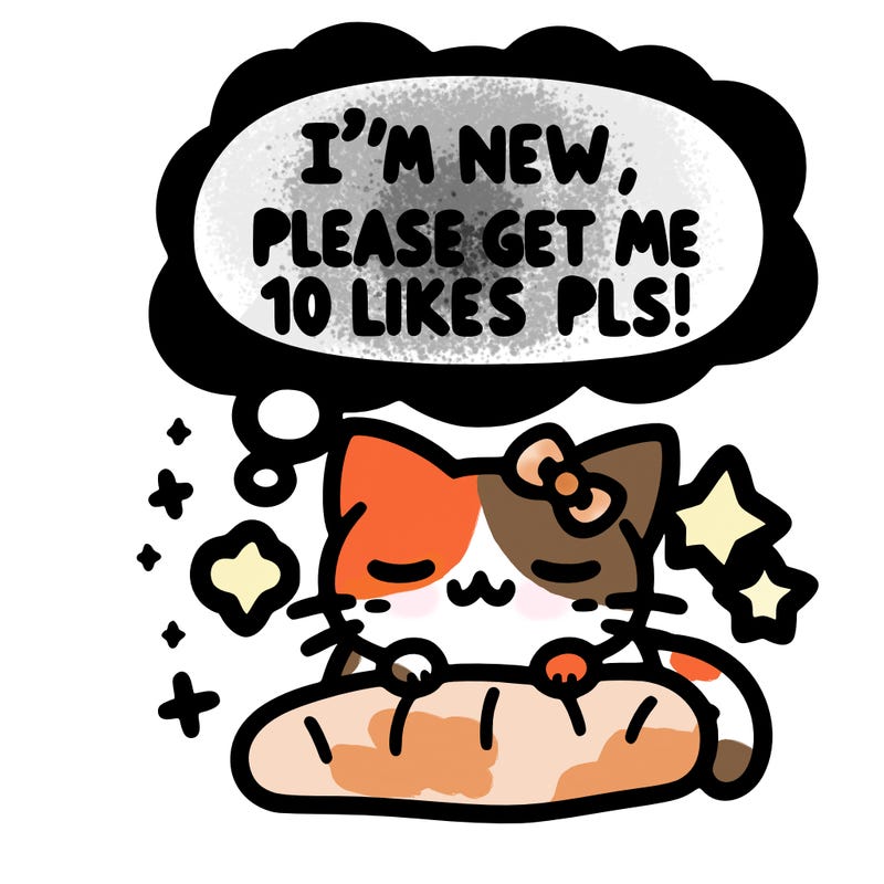 kitty taking a nap dream talking and saying "i'm new, please get me at least 10 likes pls!!"