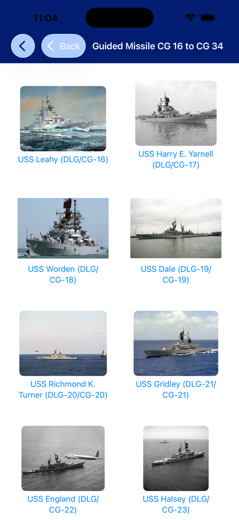 Cruisers of the US Navy - A digital catalog showing historical photos and names of US Navy guided missile cruisers from CG 16 to CG 34.