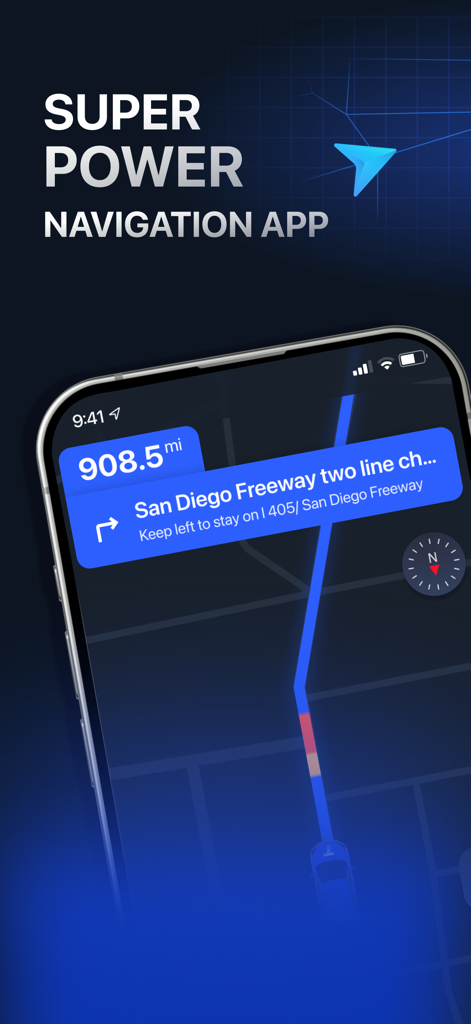 Turbo Map - Turbo Map app interface showing a GPS route on the San Diego Freeway with a dark mode design