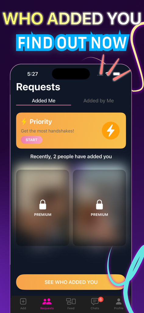 Pinky: Make New Friends - Friend requests screen in the Pinky app showing blurred profiles of users who added you with a premium lock
