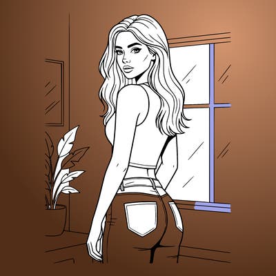 realistic girl with long hair, wearing jeans and a crop top
