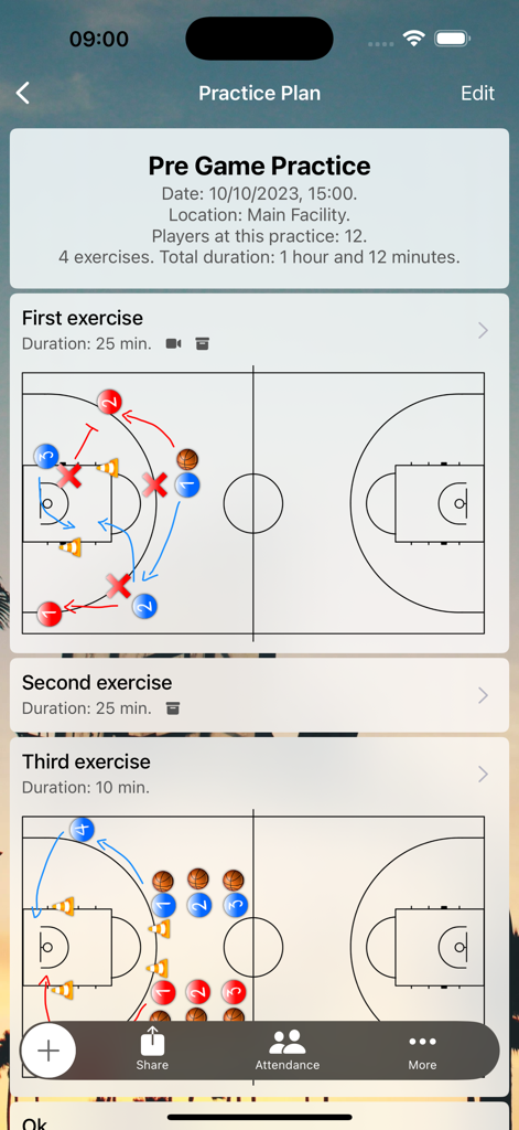 Basketball practice plan screen in the Assistant Coach app featuring detailed exercise diagrams and court strategies.