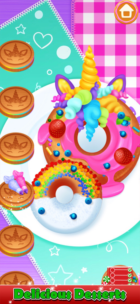 Decorated unicorn and rainbow donuts in a kids cooking game