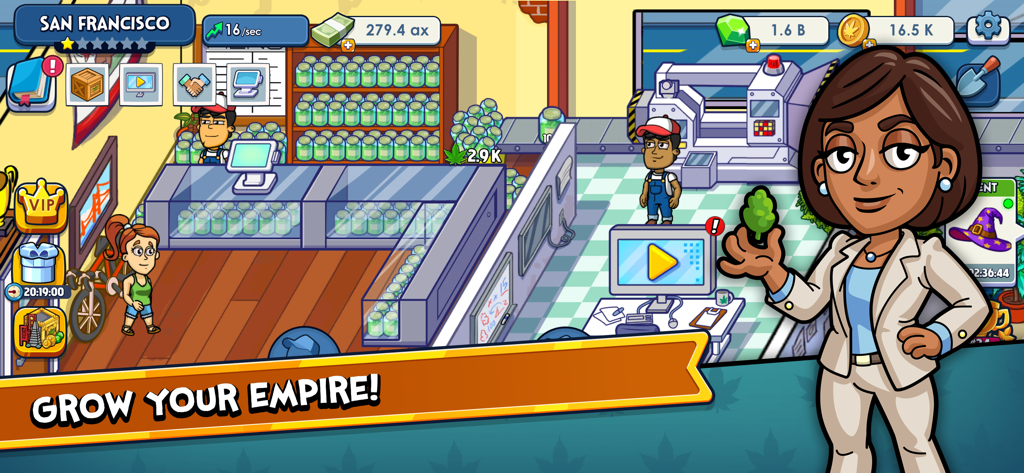 Gameplay screen of Weed Inc Idle Tycoon showing a dispensary in San Francisco with a character holding a leaf and the text Grow Your Empire