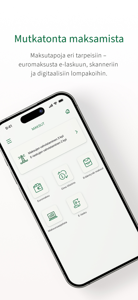 A smartphone displaying the payments screen of the Ålandsbanken Finland mobile app with options for euro payments and e-invoices.