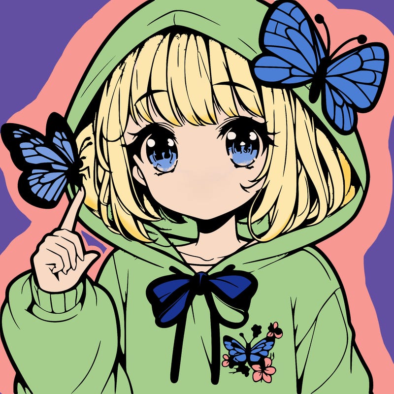 cute anime girl with with butterfly on here finger with cute eyes and over sized hoodie around her waste with a butterfly on it