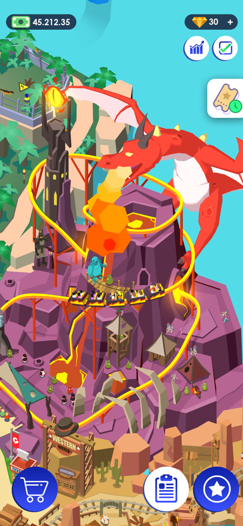 Dragon themed roller coaster circling a volcanic mountain in Idle Theme Park Tycoon