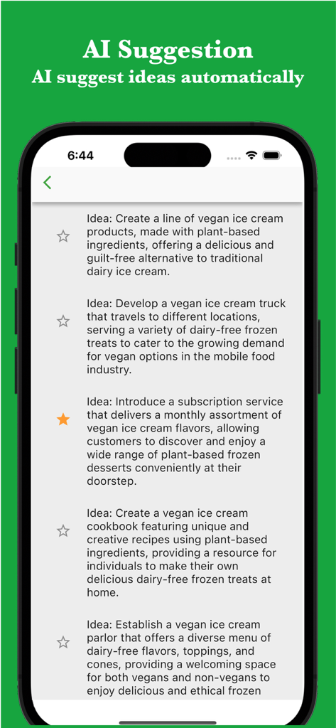 Idea AI - Blend keywords - Screenshot of Idea AI app showing a list of automatically generated business ideas for vegan ice cream