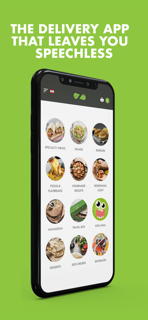 Pantalla de inicio de la aplicación Zaatar w Zeit que muestra categorías de alimentos como wraps, ensaladas y manakeesh