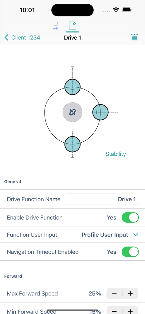 Graphical interface of the LiNX Access app for configuring power wheelchair drive functions and stability settings