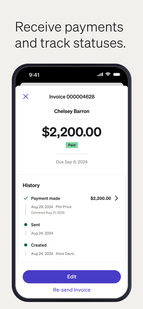 BILL AP & AR Business Payments - A smartphone screen showing a paid invoice and detailed payment history in the BILL app.
