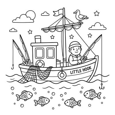Dive into an ocean of fun with this delightful fishing boat coloring page designed especially for kids! Featuring a happy little angler and friendly sea creatures, it's perfect for inspiring young artists.