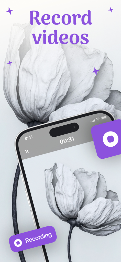AR Drawing Sketch: Draw, Trace - Una pantalla de iPhone que muestra la función de grabación de video de la aplicación AR Drawing Sketch mientras se dibuja una flor blanca