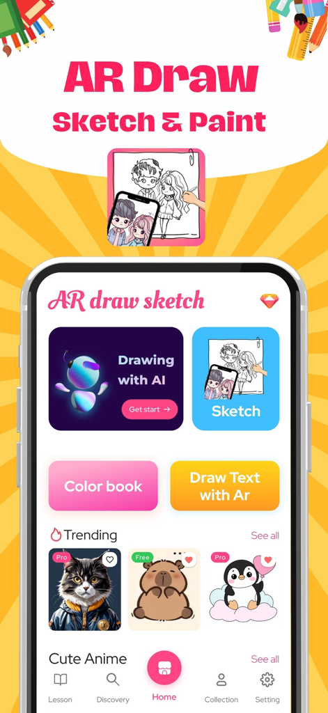 Home screen of the Paint App Trace and AR Draw featuring AI drawing and sketch tools