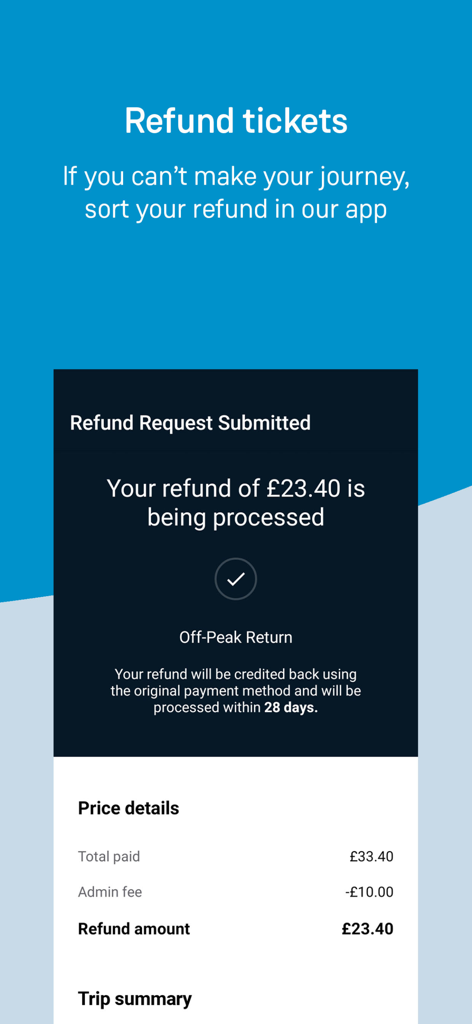South Western Railway - Ecrã da aplicação South Western Railway mostrando um pedido de reembolso submetido com detalhes do preço