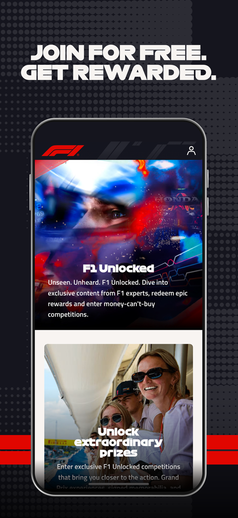 Écran promotionnel de l'application Formula 1 pour le programme de récompenses F1 Unlocked proposant du contenu exclusif et des concours.