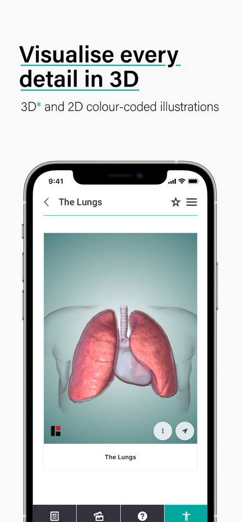 A 3D model of human lungs displayed within the TeachMe Anatomy app interface