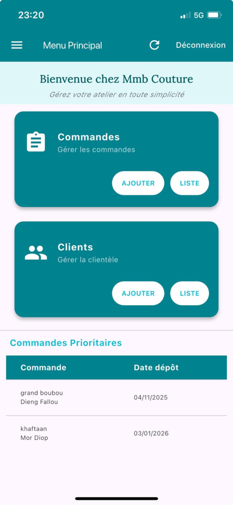 Tailor App - Main dashboard of Tailor App showing sections for managing orders and clients