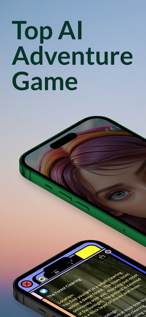 AI Adventure - Your Story RPG - Zwei iPhones, die das Charakterporträt und das textbasierte Abenteuerspiel von AI Adventure zeigen