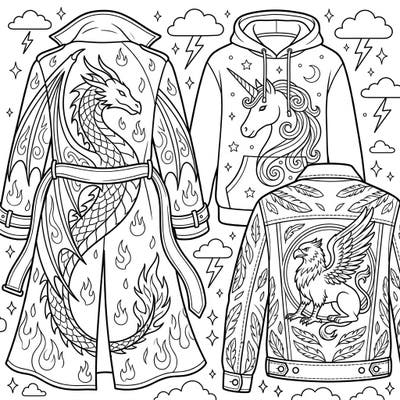 Dive into a world where fantasy meets fashion with this unique coloring page featuring mythical creature outerwear. Embellish a fierce dragon coat, a majestic unicorn hoodie, and a proud griffin jacket with your favorite colors.