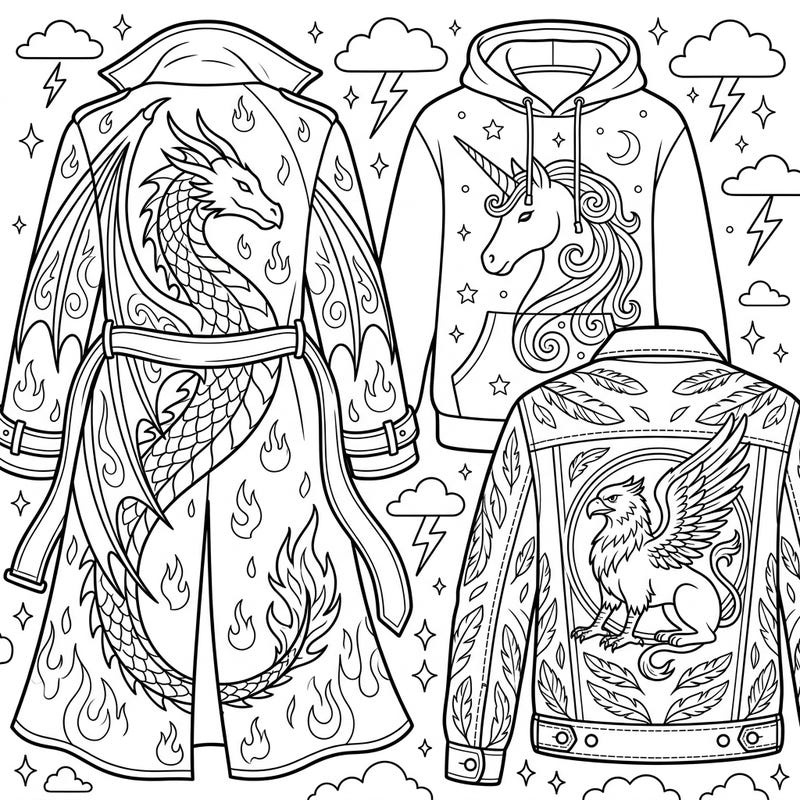 Dive into a world where fantasy meets fashion with this unique coloring page featuring mythical creature outerwear. Embellish a fierce dragon coat, a majestic unicorn hoodie, and a proud griffin jacket with your favorite colors.