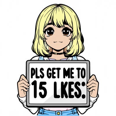 realistic girl holding up a sign that says “pls get me to 15 likes!”