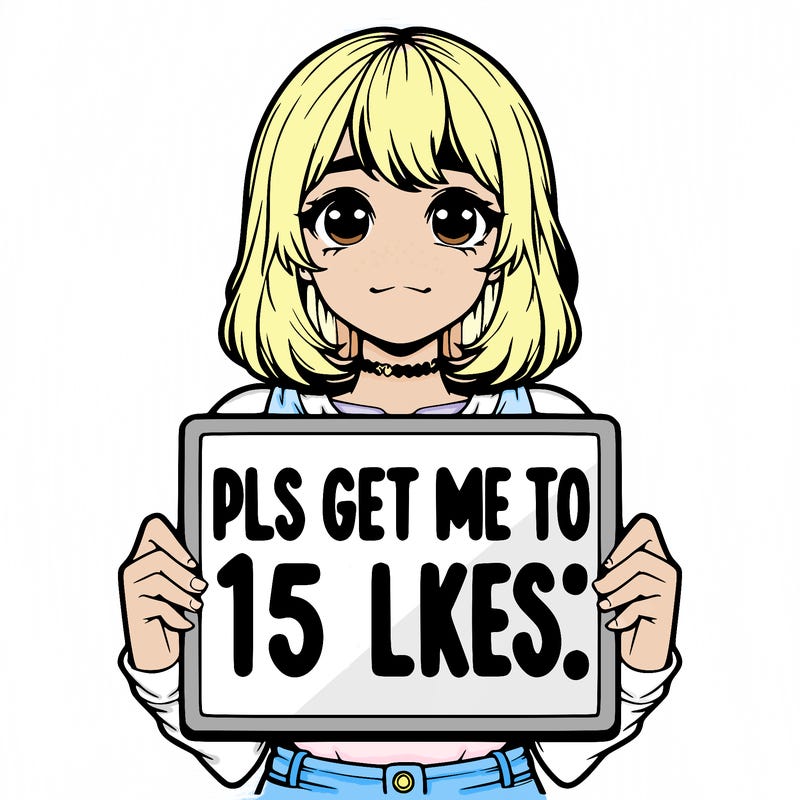realistic girl holding up a sign that says “pls get me to 15 likes!”