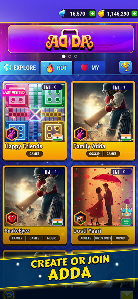 The Adda social clubs feature in Ludo King showing various chat and gaming rooms.