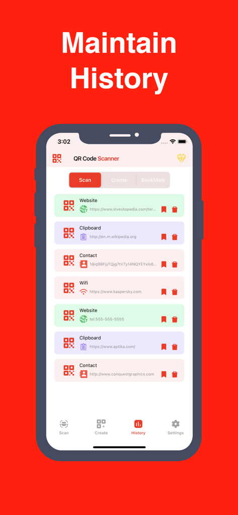 Mobile app screen showing a list of scanned QR code history categorized by website, contact, and wifi
