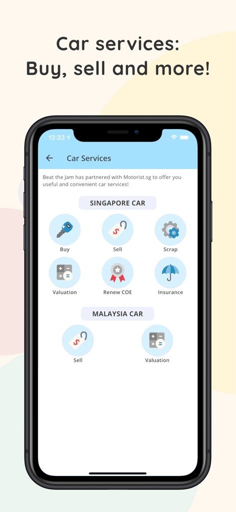 Beat the Jam app interface for Singapore and Malaysia car services
