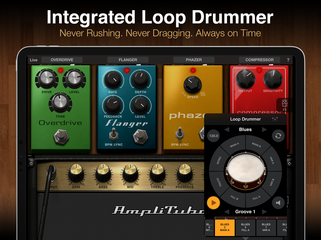 L'interface de l'application iPad AmpliTube CS comprend des pédales d'effets de guitare virtuelles et un module de batterie en boucle intégré.