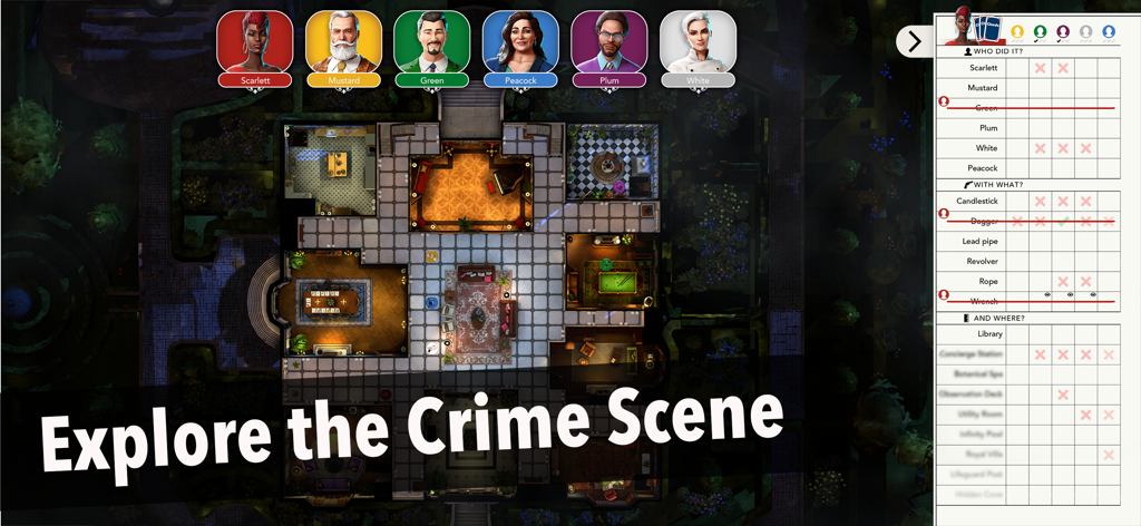 Clue - Top down view of a 3D mansion crime scene and digital detective notebook in the Clue mobile game