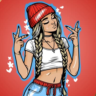 realistic teenage girl with braids and a beanie and crop top doing 🫶🏼