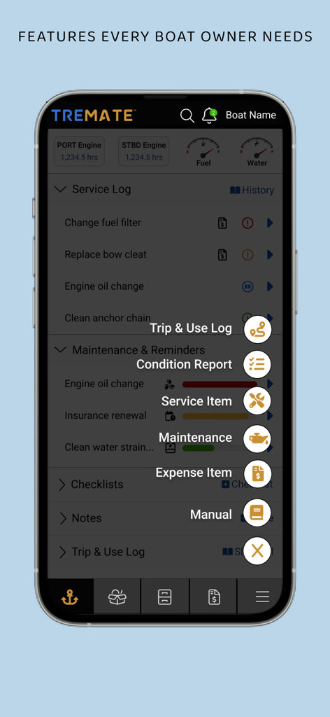 TreMate - Panel de la aplicación TreMate que muestra las funciones de mantenimiento del barco y los registros de servicio