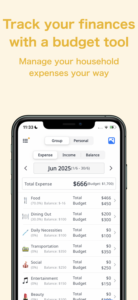 Mobile app interface showing household expense categories and budget tracking for families and couples