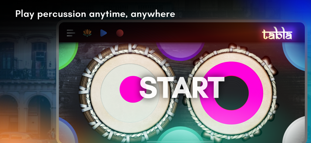 Una interfaz de aplicación móvil para tocar tambores de tabla virtuales con un botón de inicio y eslogan de percusión