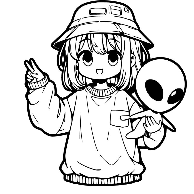 anime girl, an oversized, alien sweater, and bucket hat, holding a alien head