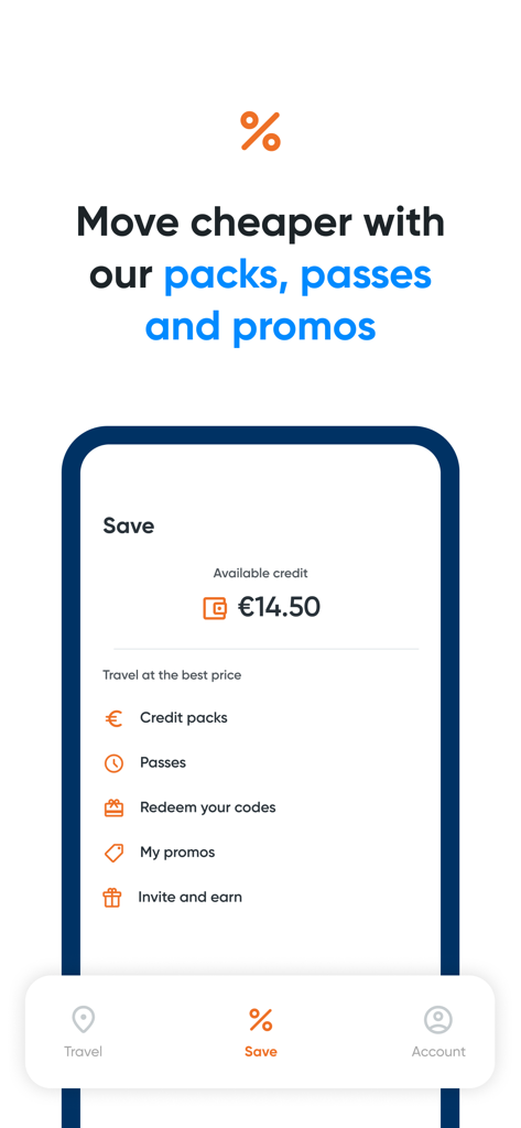 Interface of the Cooltra app Save screen displaying available credit, packs, passes, and promotional offers for e-moped rentals.